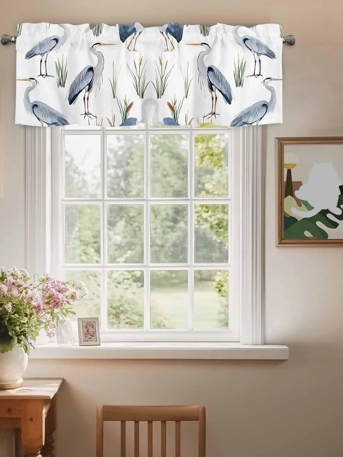 Valances for Windows Sea Bird Seabird Heron on White Kitchen Valance, Rod Pocket Valances Window Topper Long-beaked Heron Short Curtain Valance for Bedroom Bathroom Living Room 42x12in