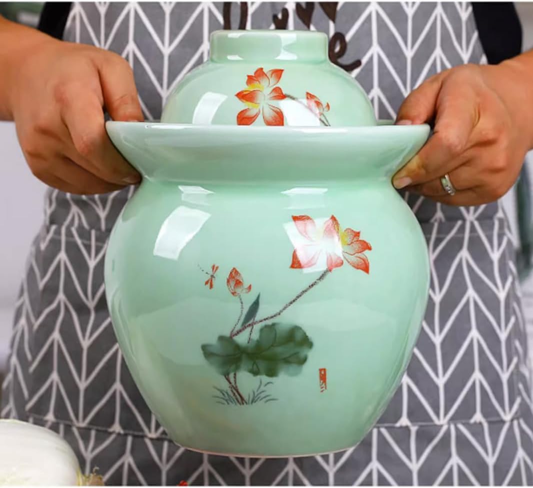 Duży ceramiczny słoik na marynaty z pokrywkami, zielony tradycyjny chiński porcelanowy słoik do marynowania, ceramiczny garnek fermentacyjny z uszczelką wodną pokrywką śluzy powietrznej, garnek z