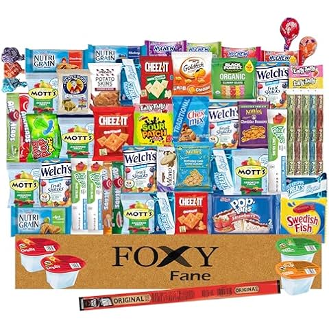 Foxy Fane 60 count Snack Box - Ultimate Gift Care Package with Variety Assortment of Crackers, Cookies, Candy, Chips & other Snacks - Bulk Bundle of Delicious Treats (60 Snacks - Variety Pack) Cover