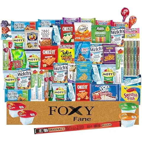 Foxy Fane 60 count Snack Box - Ultimate Gift Care Package with Variety Assortment of Crackers, Cookies, Candy, Chips & other Snacks - Bulk Bundle of Delicious Treats (60 Snacks - Variety Pack) Cover