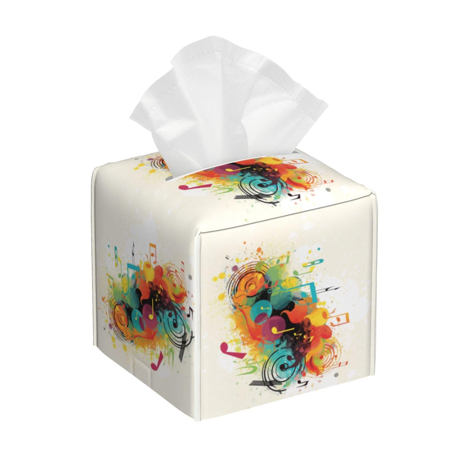 Tissue Box Cover Square Cube Boxes PU Leather Tissue Holder Abstract Music Themed Tissue Box Facial Case Decorative Paper Organizer Dispenser for Bathroom Bedroom Office