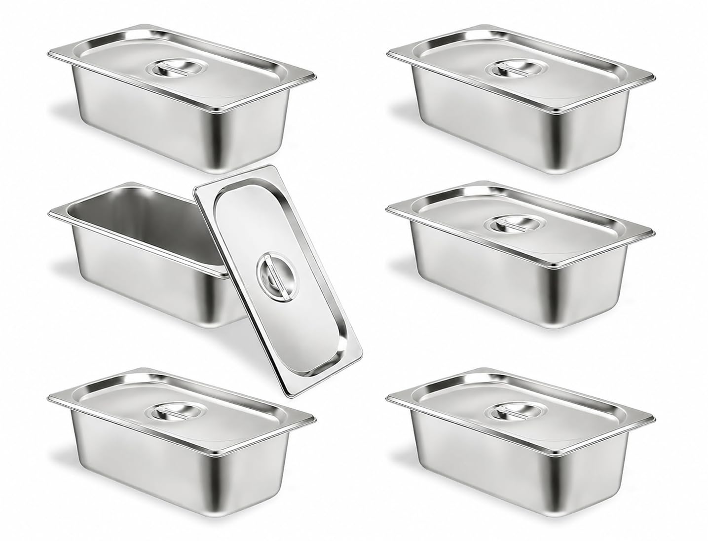 6 padelle Gastronorm in acciaio inox da 1/3 con coperchio, contenitori per alimenti a vapore, profondità 10 cm, per cucina, hotel, catering, buffet, ristorante, feste e caffetteria (6 padelle da 1/3)