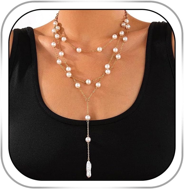 Gangel Y Pendant Necklace Layered Pearl Necklace Multilayer Pearl Bead Choker Necklace Long Faux Pearls Necklaces Vintage Jewelry Water Drop Pearl Necklace for Women