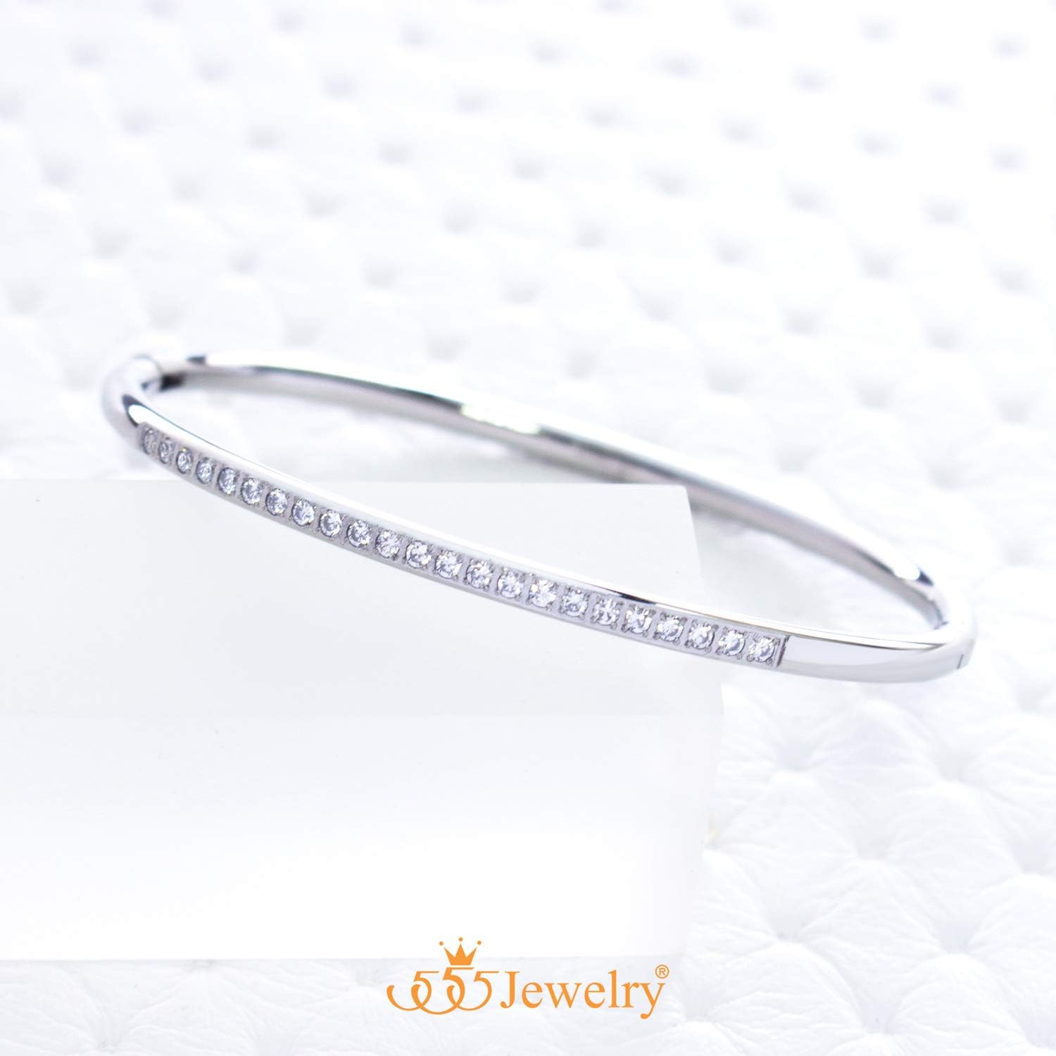 555Jewelry Stainless Steel & CZ Hinged Oval Cuff Bangle Bracelet for Women - Image 4