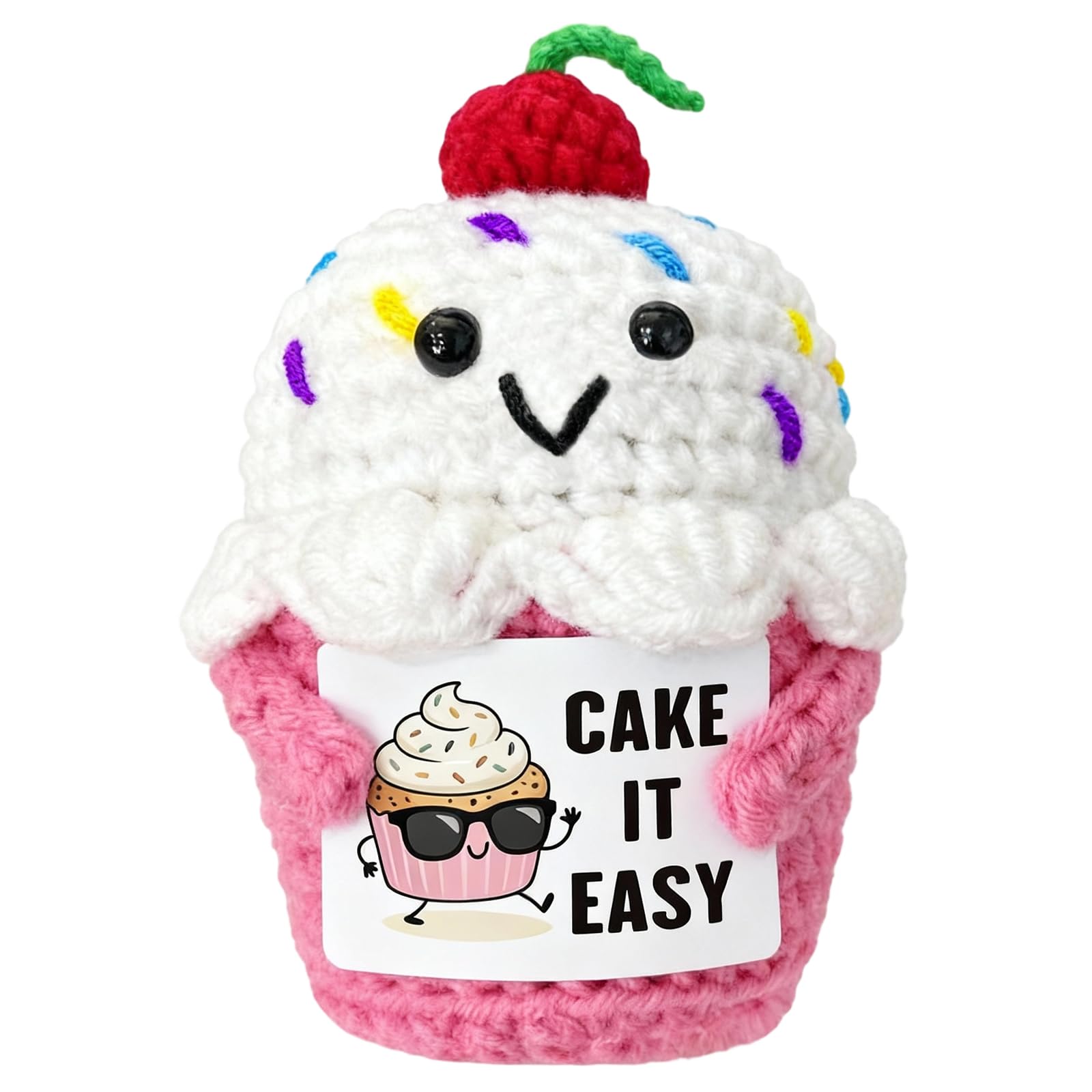 Vspek Positive Crochet Cupcake Doll, Funny Handmade Knitted Cake Doll, Birthday Friendship Gift for Women, Men, Friend, Sister, BFF, Coworker, Home Office Desk Decor, Pink — image 1