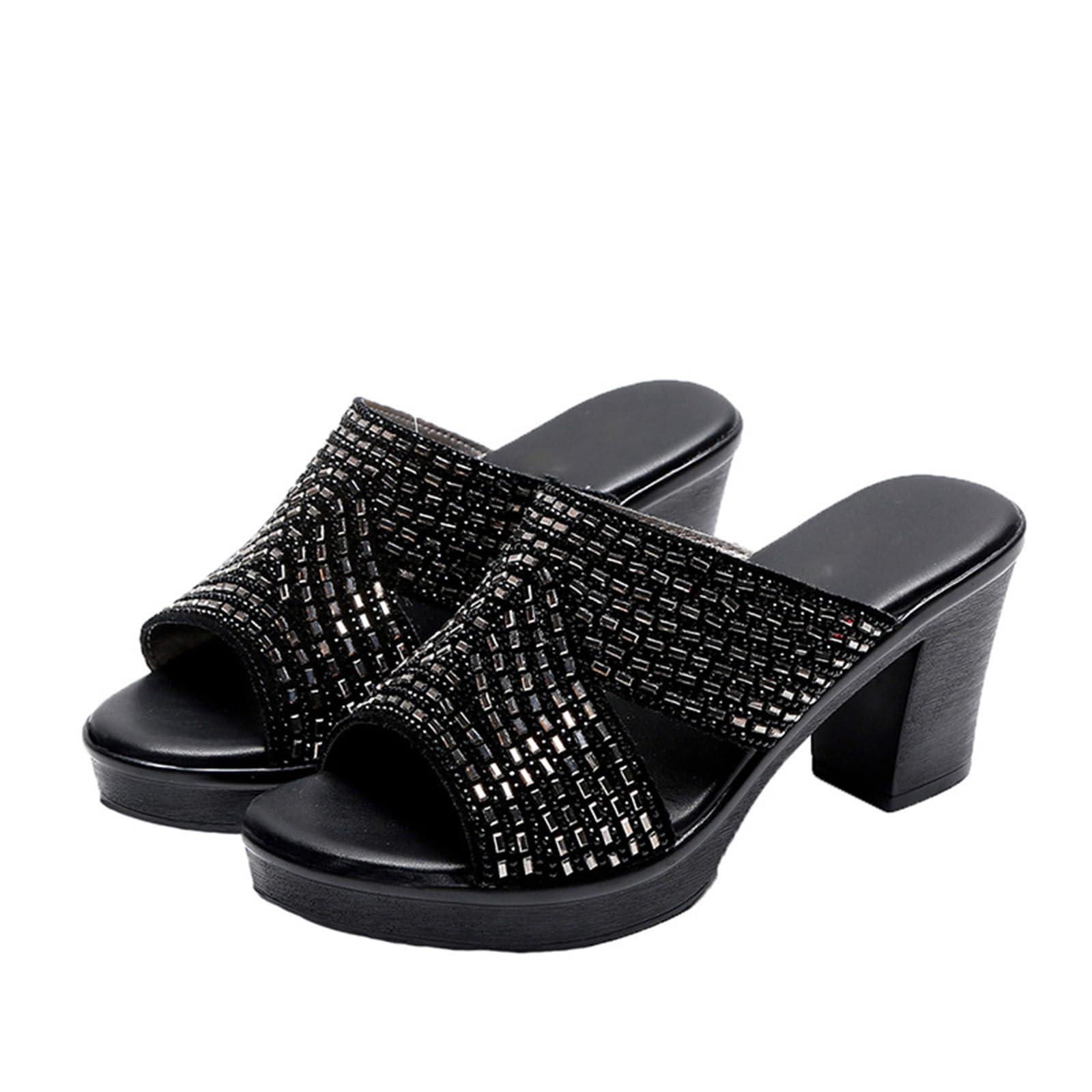 Crepuscute Women's Rhinestone Fish Mouth chunky heel Slippers Sandals Summer Platform Open Toe Non-Slip Comfortable High Heel Sandals Slip On Mules Wedding Party Dress Slide Shoes (8.5,black,8.5)