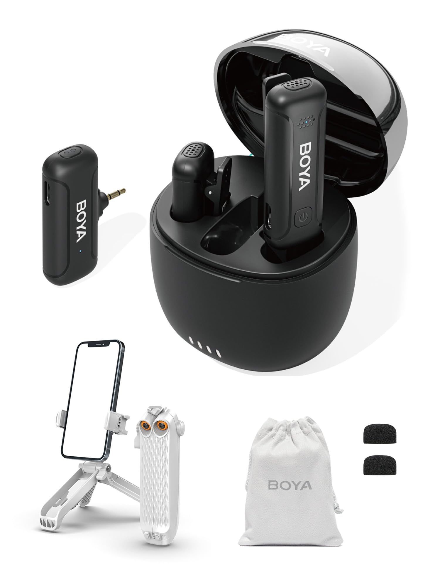 BY-WM3T-M2 for BOYA Dual Wireless Microphone for Camera, DSLR, Mirrorless 2.4GHz | 50m Range, Plug Play Mic, Noise Reduction for Video YouTube TikTok Interview + Charging Case Tripod & Pouch (2TX+RX)