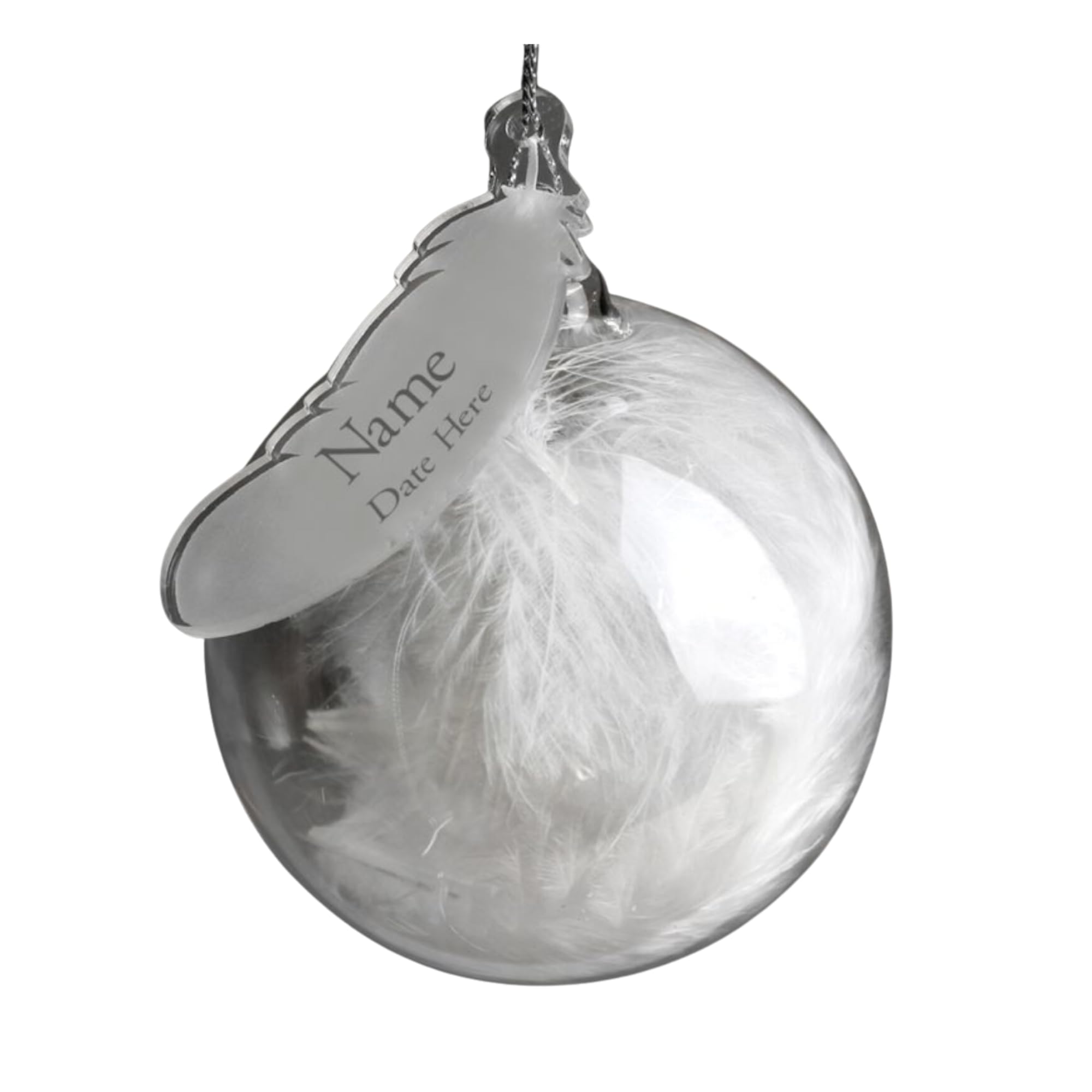 Caleli Gifts Clear Personalised Name & Date Feather Glass Bauble. Personalised Christmas Bauble. Memorial Bauble