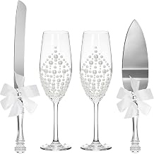 Boao 4 Pcs Pearl Wedding Champagne Flutes Cake Server Set, Grace, White