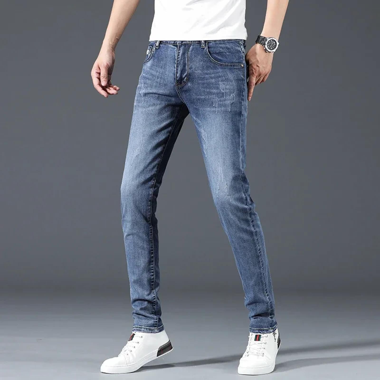 Jeans Pantalon Herren-Jeans Stretch Gerade Kleine Füße Slim Fit Modisch Casual Denim Lange Hosen Männer