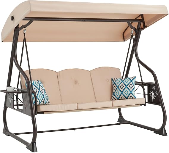 ZZW 3-Seat Patio Porch Swing 800LBS Outdoor Swing with Stand w/Canopy & Adjustable Backrest Patio Glider Chair w/Removable Pillows & Foldable Side Tray for Balcony Garden Deck (Khaki)