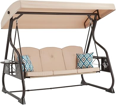 ZZW 3-Seat Patio Porch Swing 800LBS Outdoor Swing with Stand w/Canopy & Adjustable Backrest Patio Glider Chair w/Removable Pillows & Foldable Side Tray for Balcony Garden Deck Khaki
