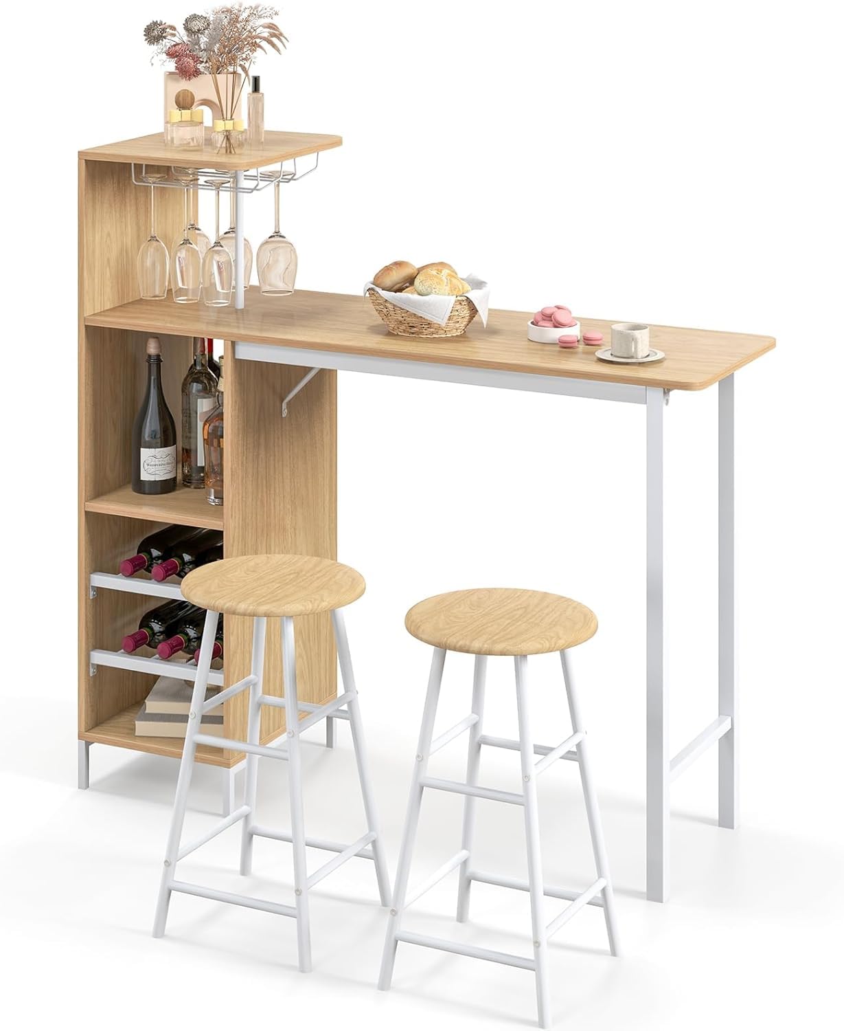 RELAX4LIFE Juego de Mesa Comedor de 3 Piezas, Mesa de Comedor con 2 Taburetes de Bar, 3 Estantes, Soportes para Copas y Portabotellas de 2 Niveles, Mesa Alta Cocina de MDF, 120x40x121,5cm (Natural)