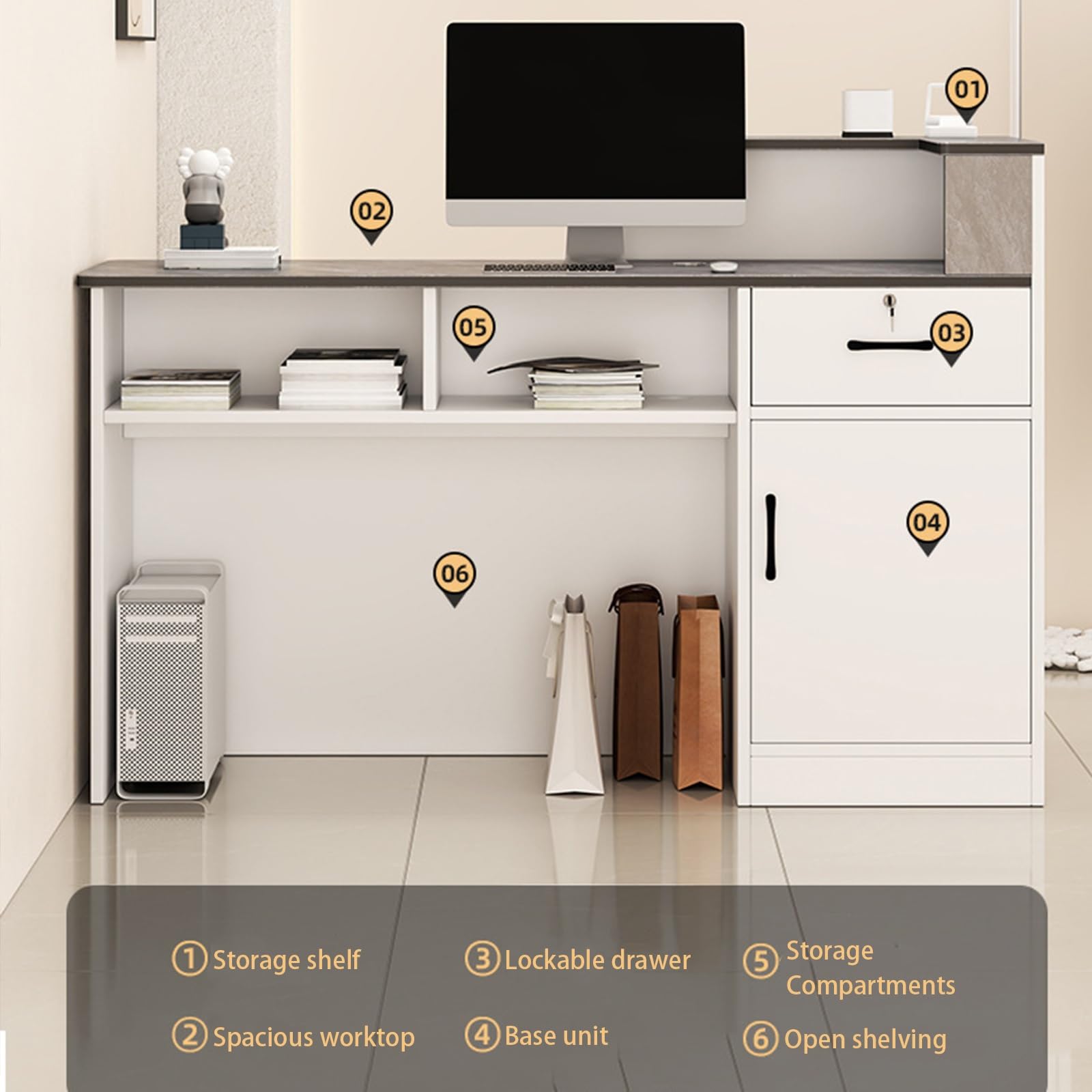 Mostrador de recepción Moderno, cajones con Cerradura, Armario con Puertas, Vitrina iluminada for peluquerías, centros de estética, Tiendas, hoteles.(White - Left,120cm)