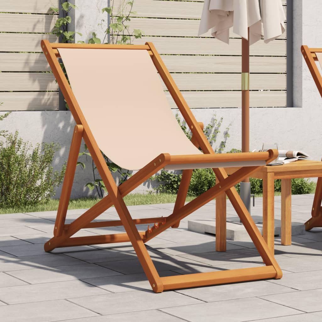 vidaXL Chaise Pliable de Plage Beige Bois Massif d'eucalyptus et Tissu, Chaise Longue, Chaise d'extérieur, siège d'extérieur, Chaise de Camping