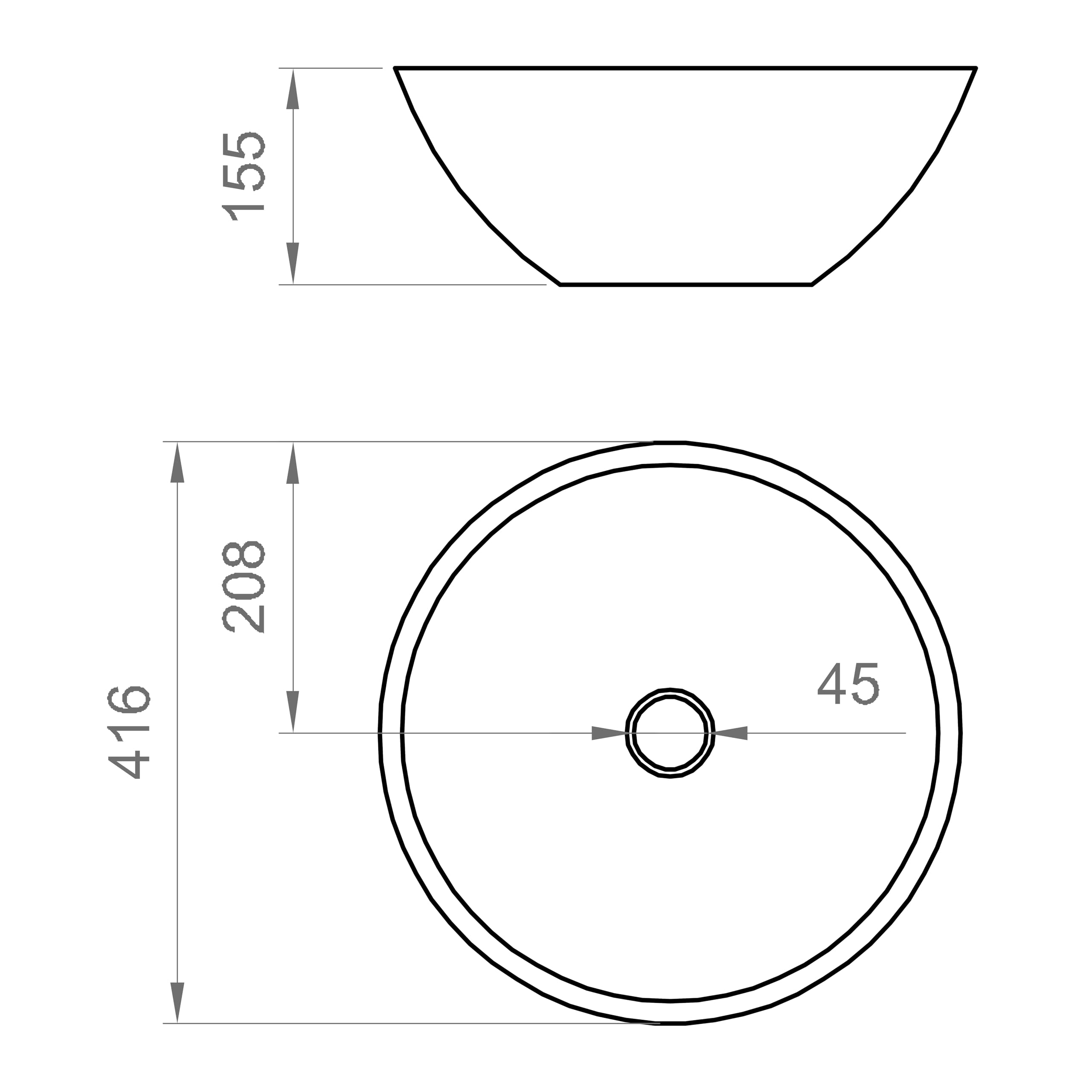ERCOS Lavabo D'appoggio Circolare In Ceramica, Lavabo Bagno Colore Bianco Opaco , Senza Troppopieno, Dimensioni 416x155 mm