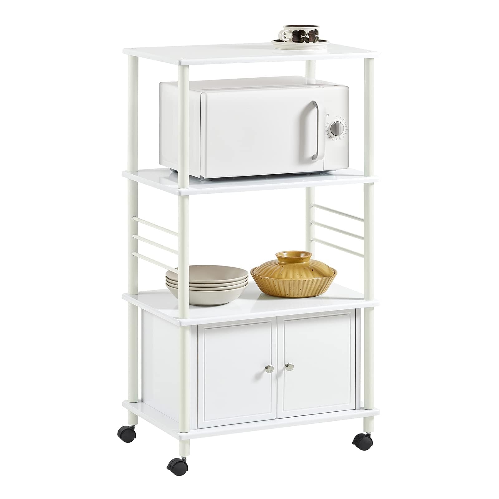 SoBuy Carrito Cocina con 3 Estantes & 2 Puertas, microondas, 60×115×40cm | Mueble Microondas con Ruedas, fácil mover & bloquear, barras laterales anticaída, MDF/metal, para cocina & comedor, FRG12-W