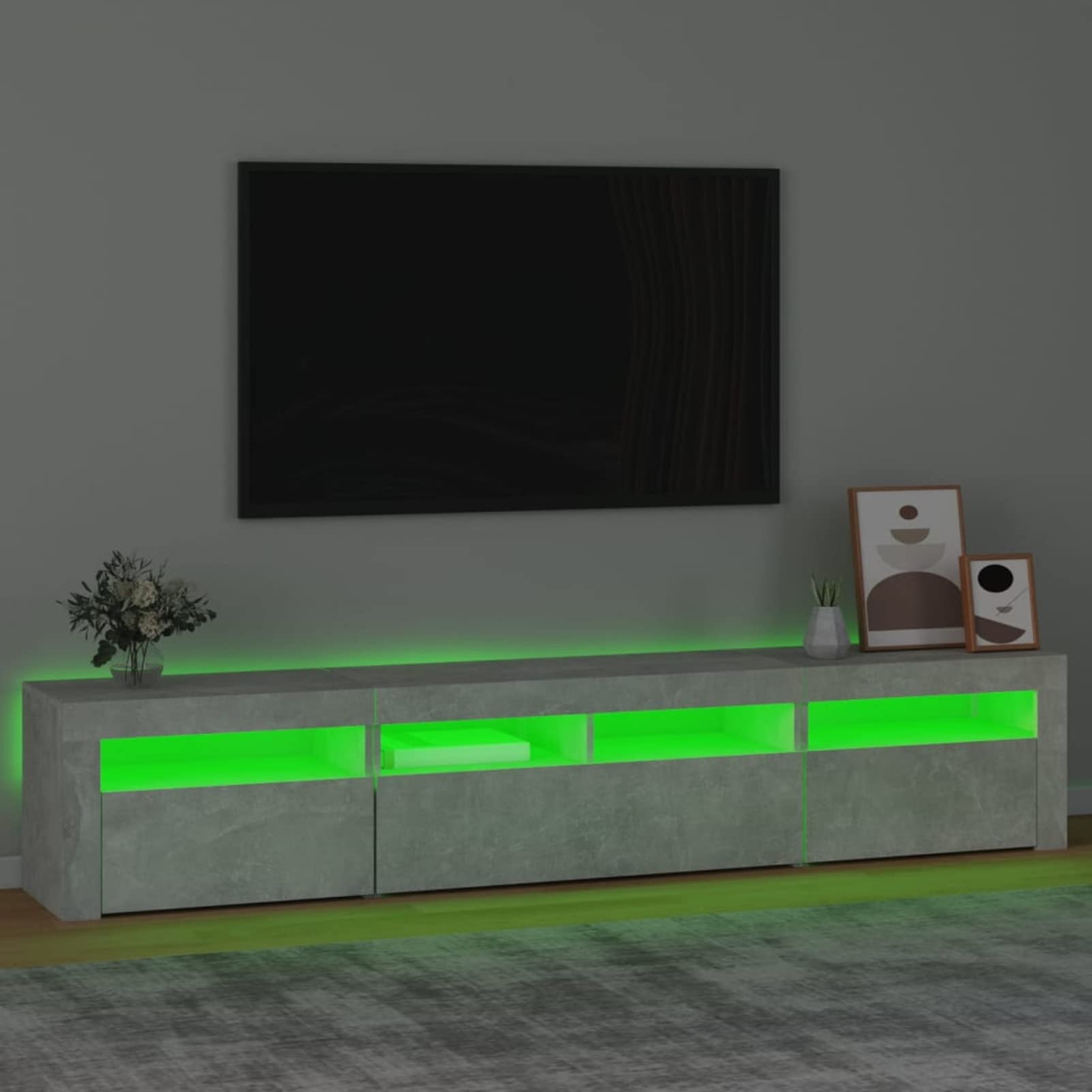 Nowoczesny stojak na telewizor z oświetleniem LED, drewniana szafka pod telewizor w kolorze cementowo-szarym, Slish 210 x 35 x 40 cm, centrum rozrywki do salonu, współczesne futro