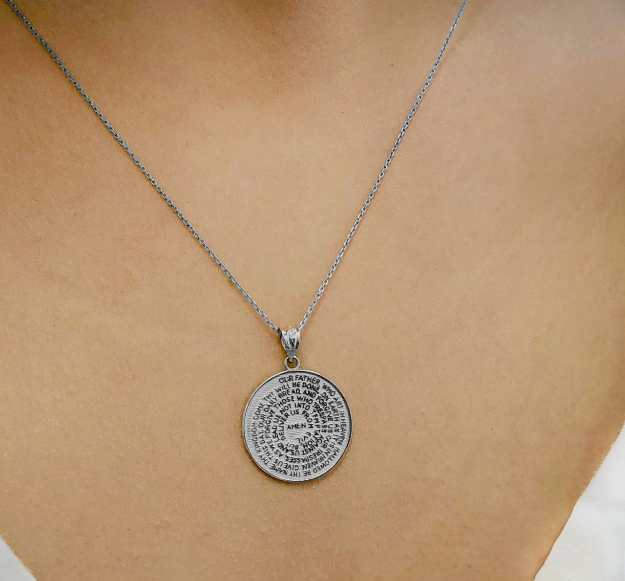 Religious Jewelry Fine Sterling Silver Lord's Prayer Transcription Medallion Necklace, 18"