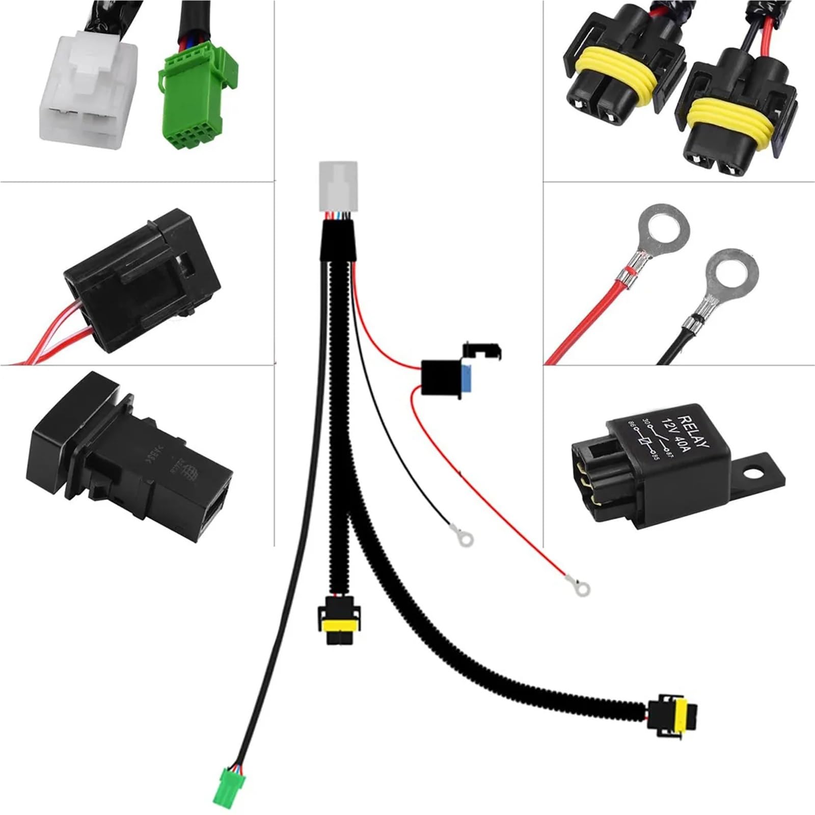Kit de cableado for faros antiniebla H10, H12, HB3 y HB4 con conector, relé de 40 A e interruptor de encendido/apagado (1 unidad).