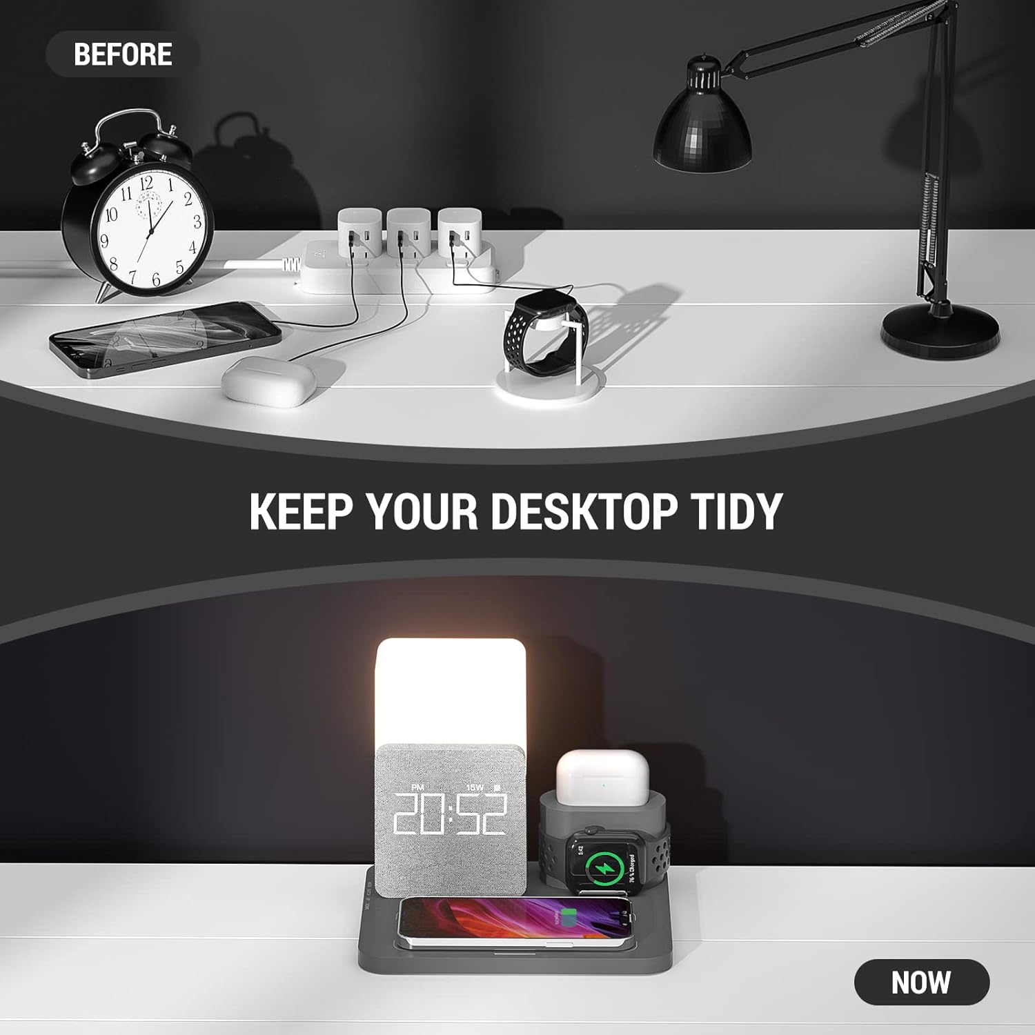 Before and after comparison of a desktop, showing how the COLSUR charging station tidies up cables and devices.