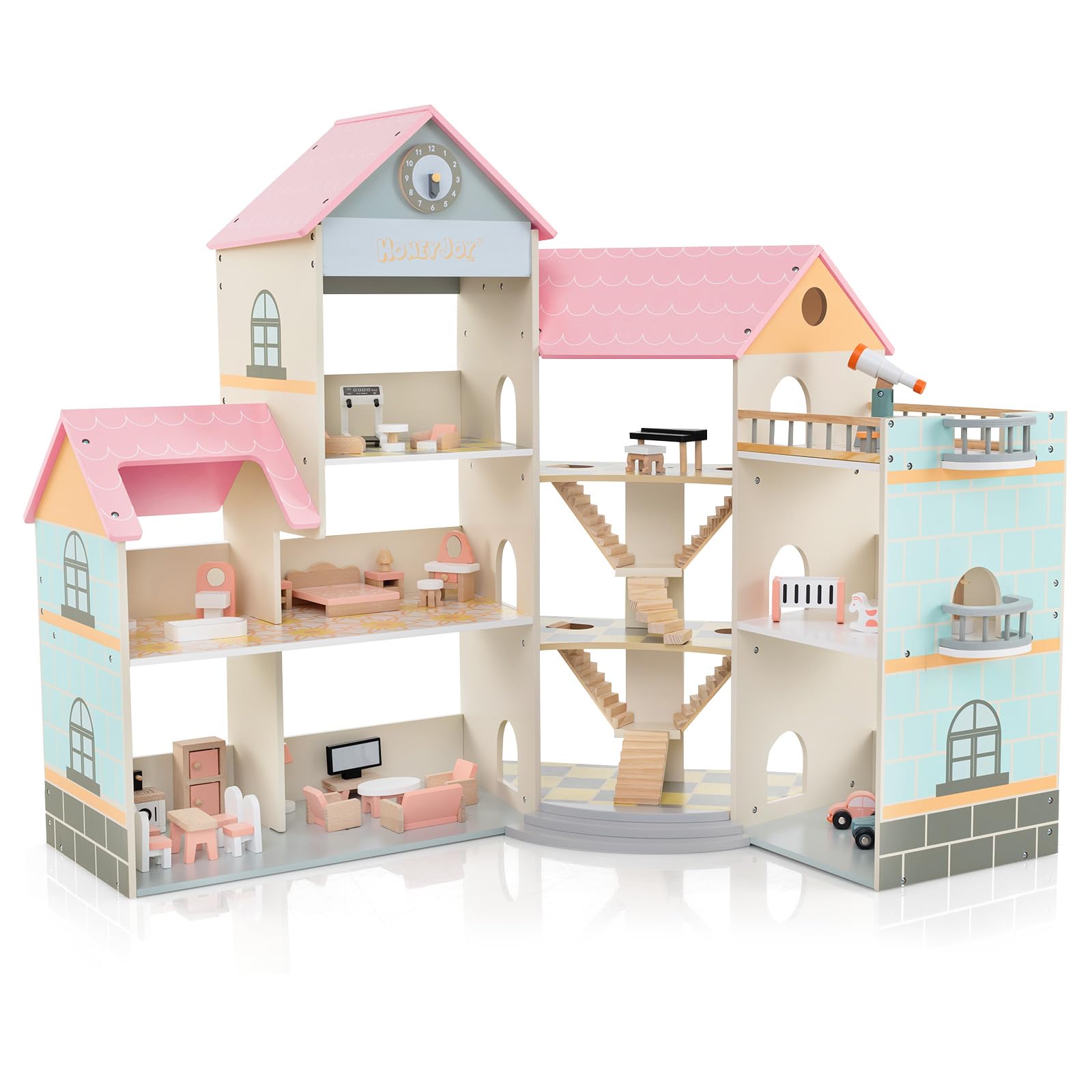 DREAMADE Puppenhaus aus Holz, 3 Etagen & Großes Dollhouse mit 7 Räumen & 36/42 Möbelzubehörteilen, Puppenhaus für Kinder ab 3 Jahre (Rosa,107x94,5cm)