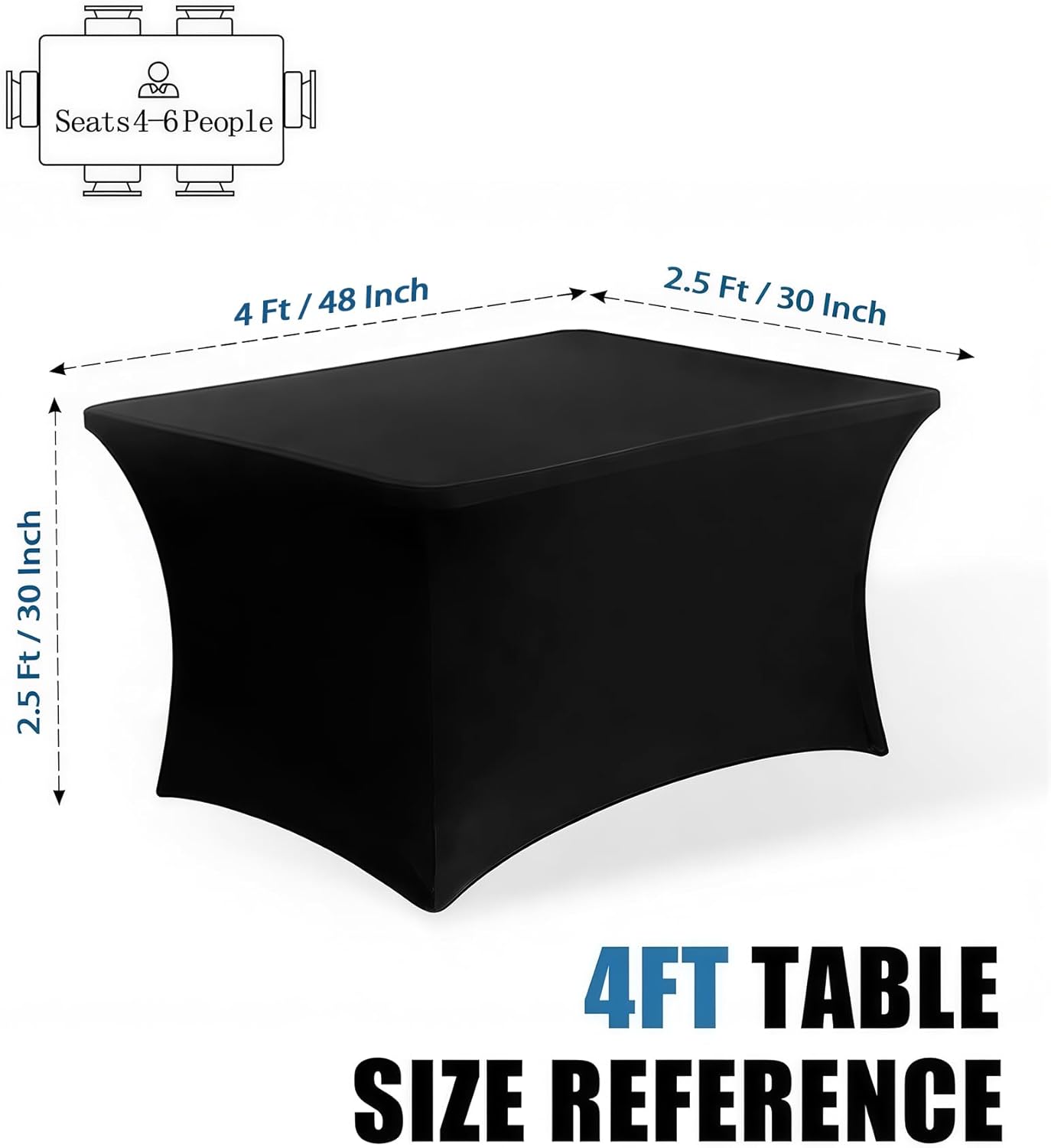 4FT Black Table Cloth - 2 Pack, Fitted Stretch Rectangle Spandex Tablecloth, Washable Table Cover for Party, Dining, Wedding, Banquet and Festival(Black, 30" x 48")