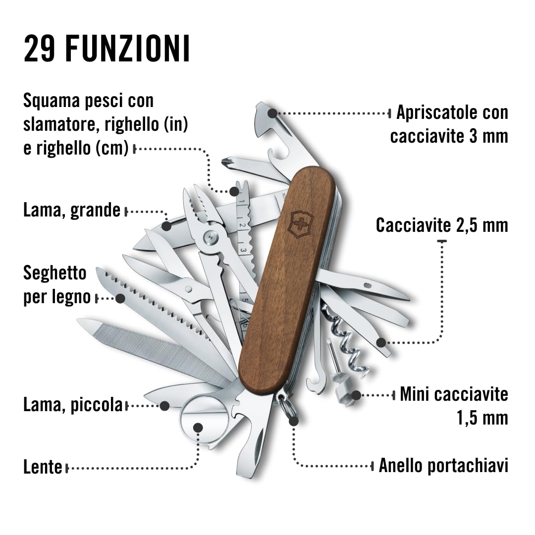Victorinox Multiuso Swiss Champ Wood, Legno, 29 Funzioni, Made in Switzerland, Multi-strumento con Seghetto per Legno, Forbici, Marrone