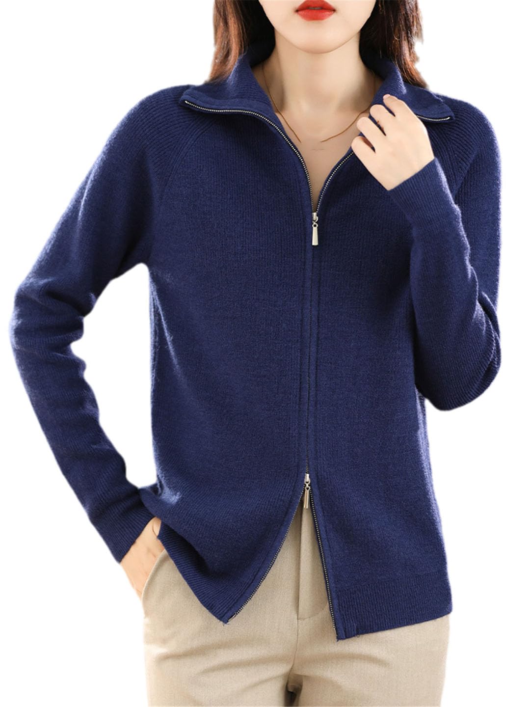 Femmes Laine Pull Double Fermeture Éclair Bas Revers Cardigan Femme Décontracté Tricoté Hauts Veste