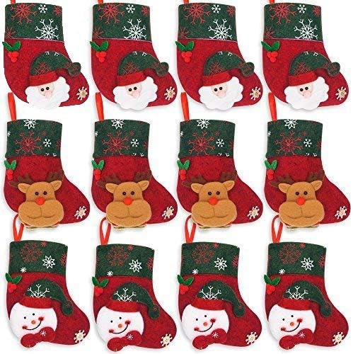 Ivenf Christmas Mini Stockings, 12 Pcs 6.25 inches Felt with 3D Santa Snowman, Gift Card Silverware Holders, Bulk Treats for Neighbors Coworkers Kids Cats Dogs, Small Rustic Red Xmas Tree Set