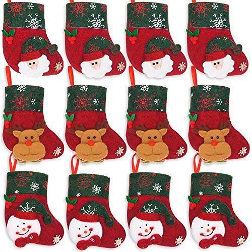 Ivenf Christmas Mini Stockings, 12 Pcs 6.25 inches Felt with 3D Santa Snowman, Gift Card Silverware Holders, Bulk Treats for Neighbors Coworkers Kids Cats Dogs, Small Rustic Red Xmas Tree Set