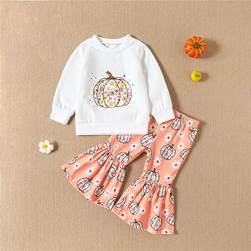 MVNB Conjunto de moletom infantil de algodão macio, quente, gola redonda, estampa de abóbora, calça