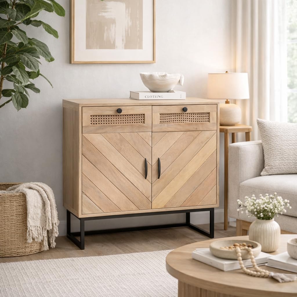 MANGO TRUNK Wooden Valentin Cabinet | 2 Drawer & 2 Rattan Door Storage Unit | Solid Mango Wood | Light Natural Finish | Herringbone Design | Living Room Furniture | 90x40x110 cm-image-3