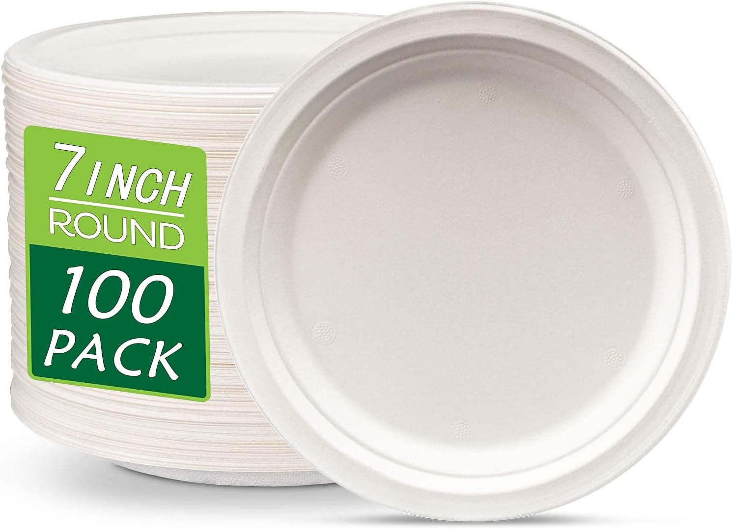JEBBLAS Disposable 7 Inch Sugarcane Bagasse, Compostable, Heavy Duty Paper Round for Parties and Outdoor Dining, Microwave and Freezer Safe [100 Pack]