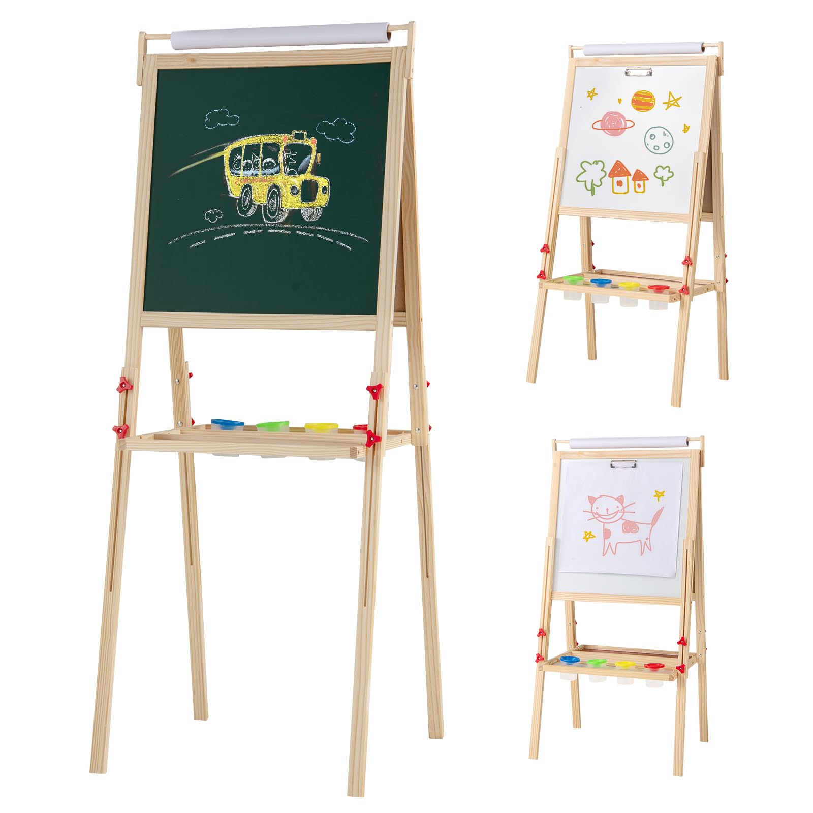 GYMAX Cavalletto in Legno per Bambini da 3 a 10 Anni, Altezza Regolabile, con Lavagna Doppia Faccia, Rotolo di Carta, Contenitori, 4 Barattoli di Vernice