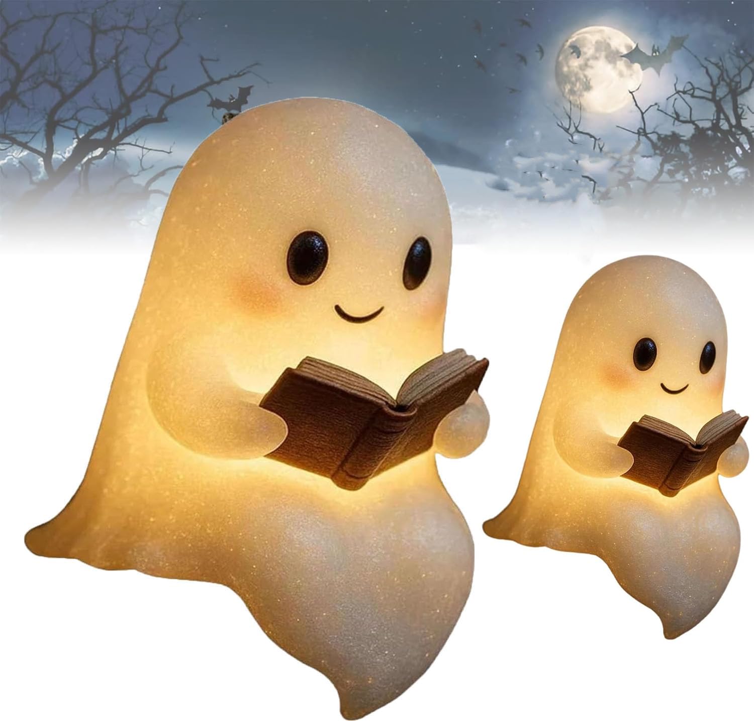 Cute Ghost Reading Book Lamp,Halloween Ghost Night Light,Ghost Reading Night Lights,3D LED Night Light,Halloween Home Decor for Bedroom Bookshelf Bedside,Gifts for Readers and Book Lover (15cm+20cm)