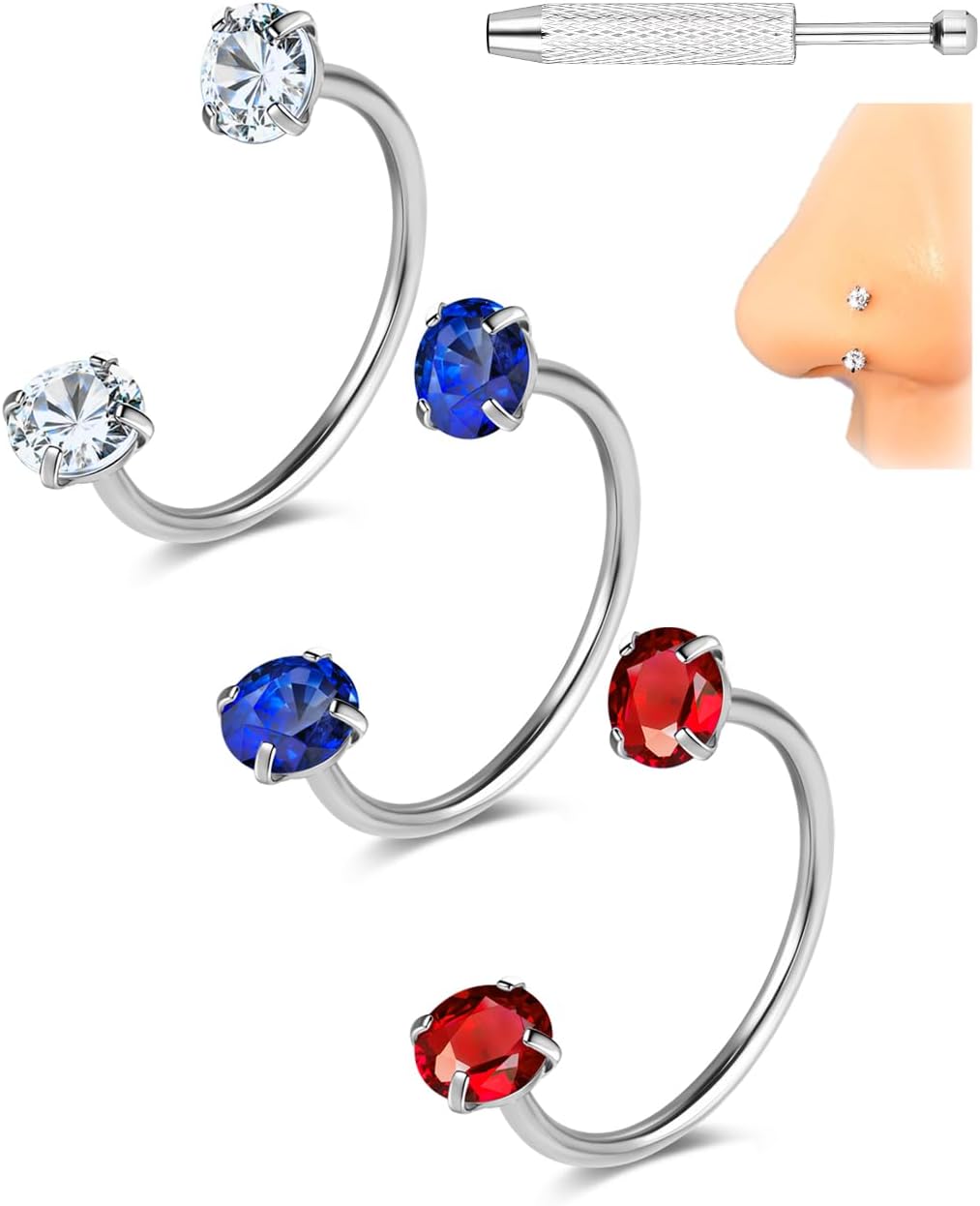 G23 Titanium Horseshoe Nose Rings 20G Horse Shoe Nose Ring Hoops Surgical Steel Half Cartilage Tragus Earring Hoop Internally Threaded Double Cubic Zirconia Nose Septum Piercing Jewelry