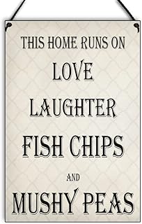 Maise and Rose Kitchen Sign-Funny Home Sign-This Home Runs On Love Laughter Fish Chips and Mushy Peas-Handmade Wooden Wall Plaque-181