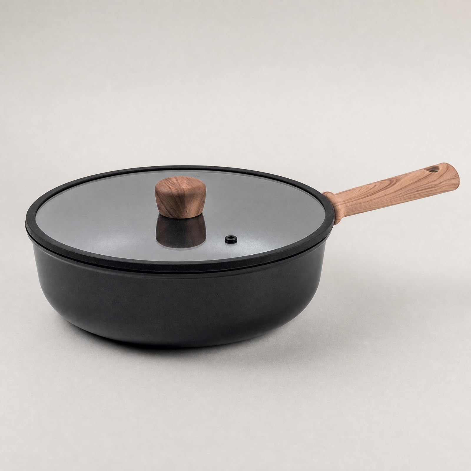Wok con Manico Effetto Legno Resistente Al Pentola per Compatte, 30CM, Wok Con Coperchio