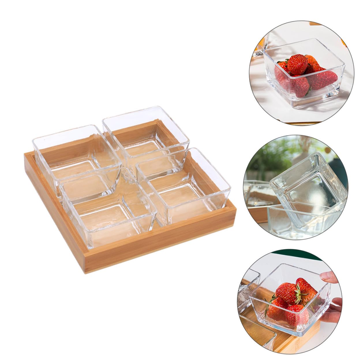 SEWACC Plateau à Fruits Compartimenté en Verre Transparent 4 Sections sans Couvercle Assiette à Noix et Plateau de Service pour Collations pour Fruits Secs et Apéritifs