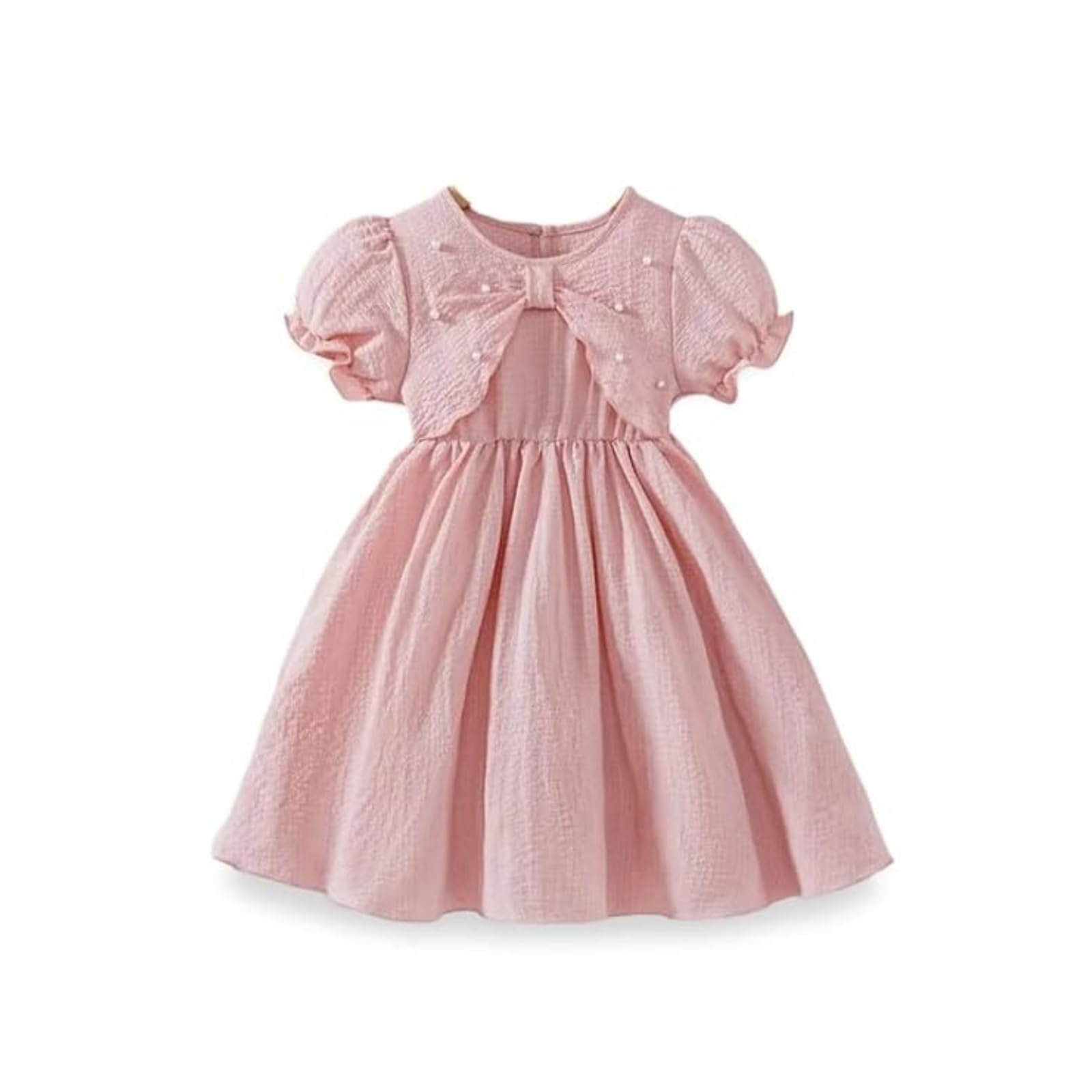 Niren Enterprise Girls Peach Pearl-Embellished Bolero Puff Sleeve Dress | Adorable Party & Summer Outfit-image-36