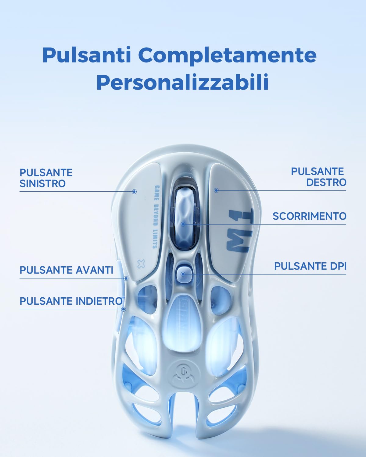 GravaStar Mercury M1 Pro Mouse Gaming, Lega di magnesio ultraleggera, 26.000 DPI, Sensore PAW3395DM, 5 tasti programmabili, Cablato/2.4G/BT, Fino a 200 h di batteria (Blu Ghiaccio)