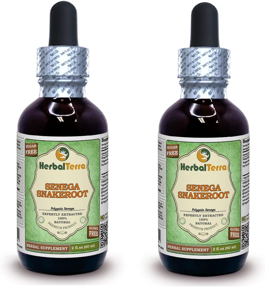 Senega Snakeroot (Polygala Senega) Glycerite, Dried Roots Alcohol-Free Liquid Extract (Brand Name: HerbalTerra, Proudly Made in USA) 2x2 fl.oz (2x60 ml)