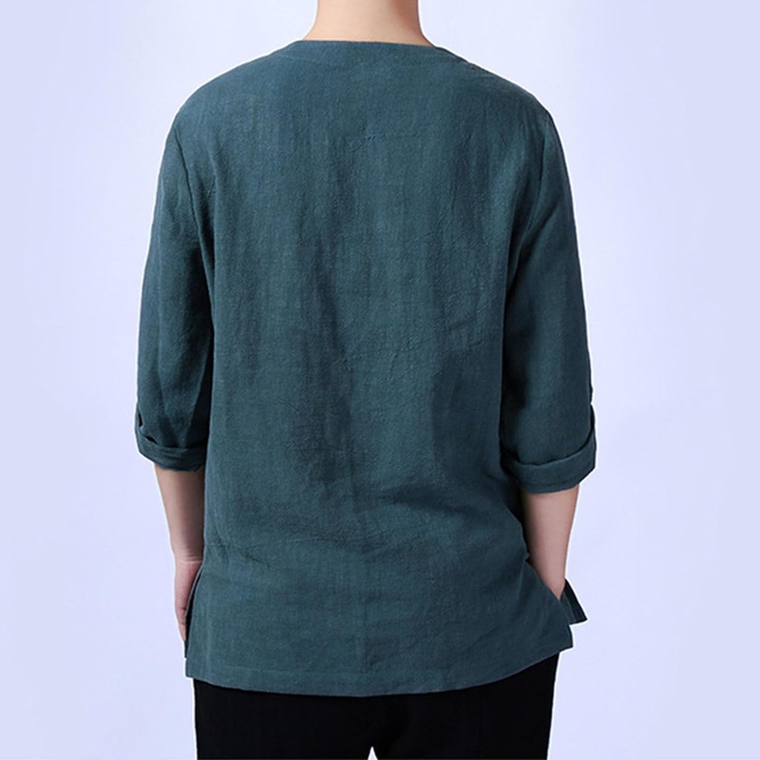 Men Banded Collar Dress Shirt Slim Fit Linen Blouse Henley T Shirts Casual Hippie Shirts with Plate Buckle