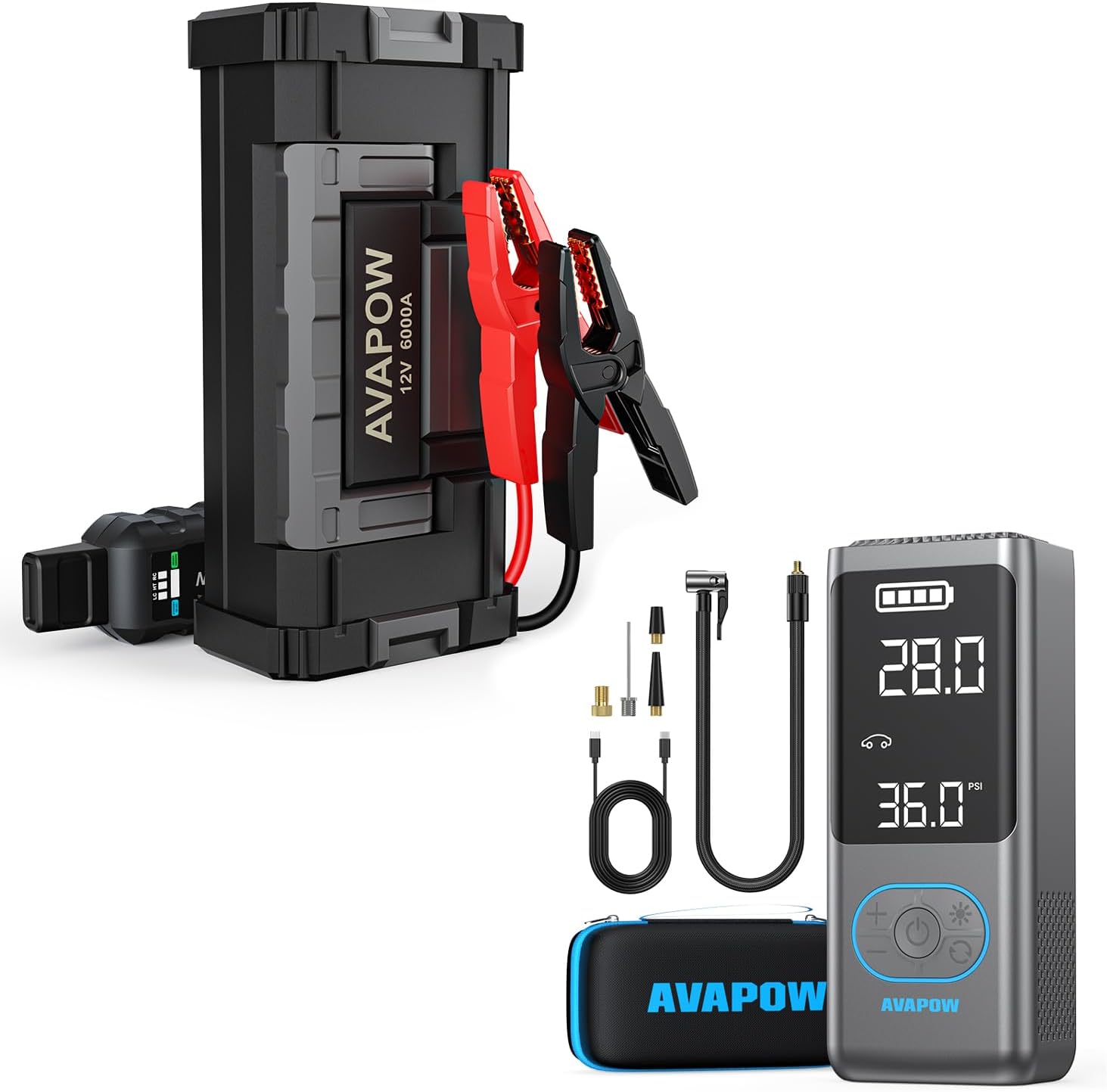 AVAPOW 6000A Car Battery Jump Starter&Tire Inflator Portable Air Compressor 150PSI with Adapter