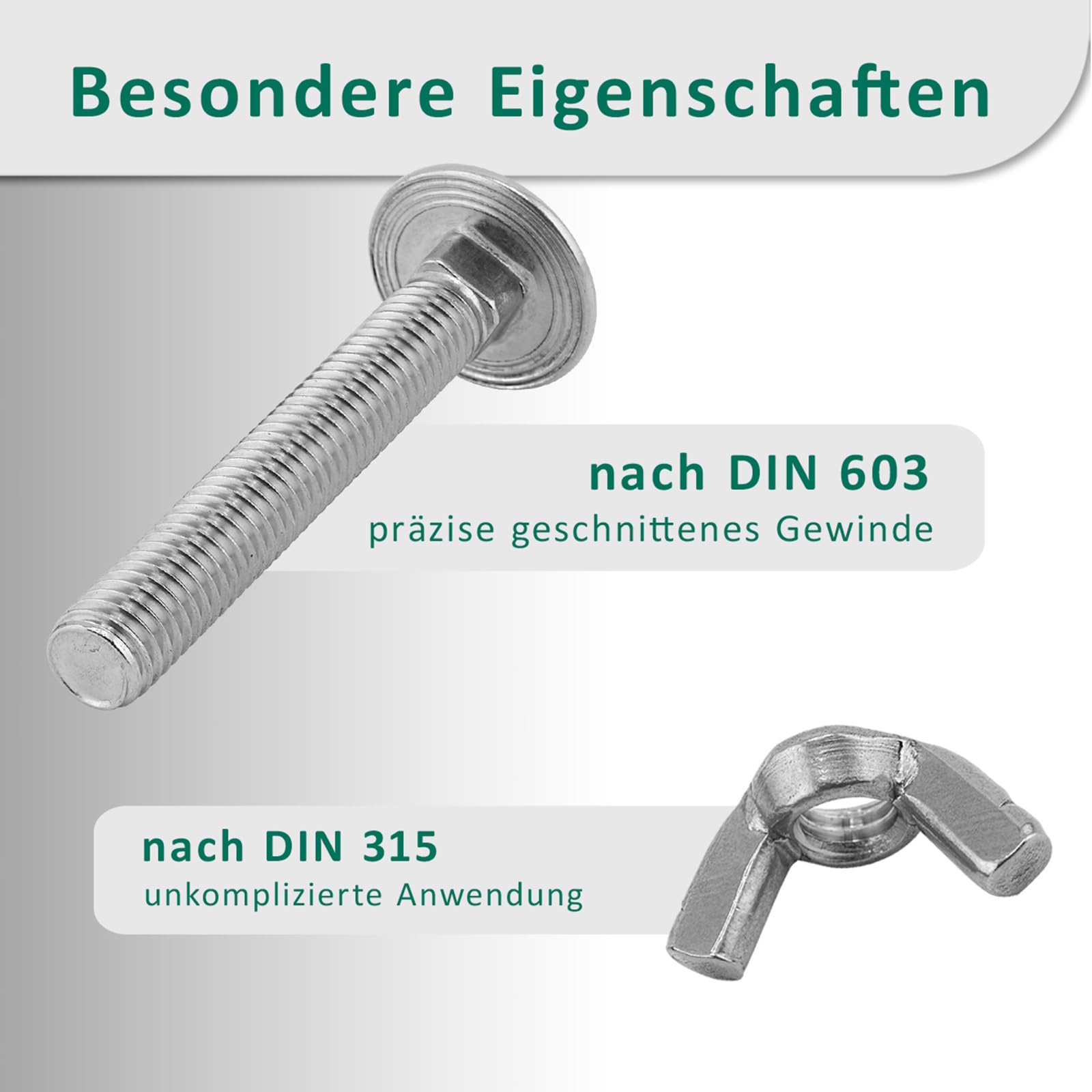 DSM – śruby zamkowe M12 x 65 mm zgodnie z DIN 603 – nakrętka motylkowa DIN 315 – stal szlachetna A2/V2A – pełny gwint – śruby z łbem płaskim z nasadką czworokątną – nakrętka motylkowa – 100 sztuk