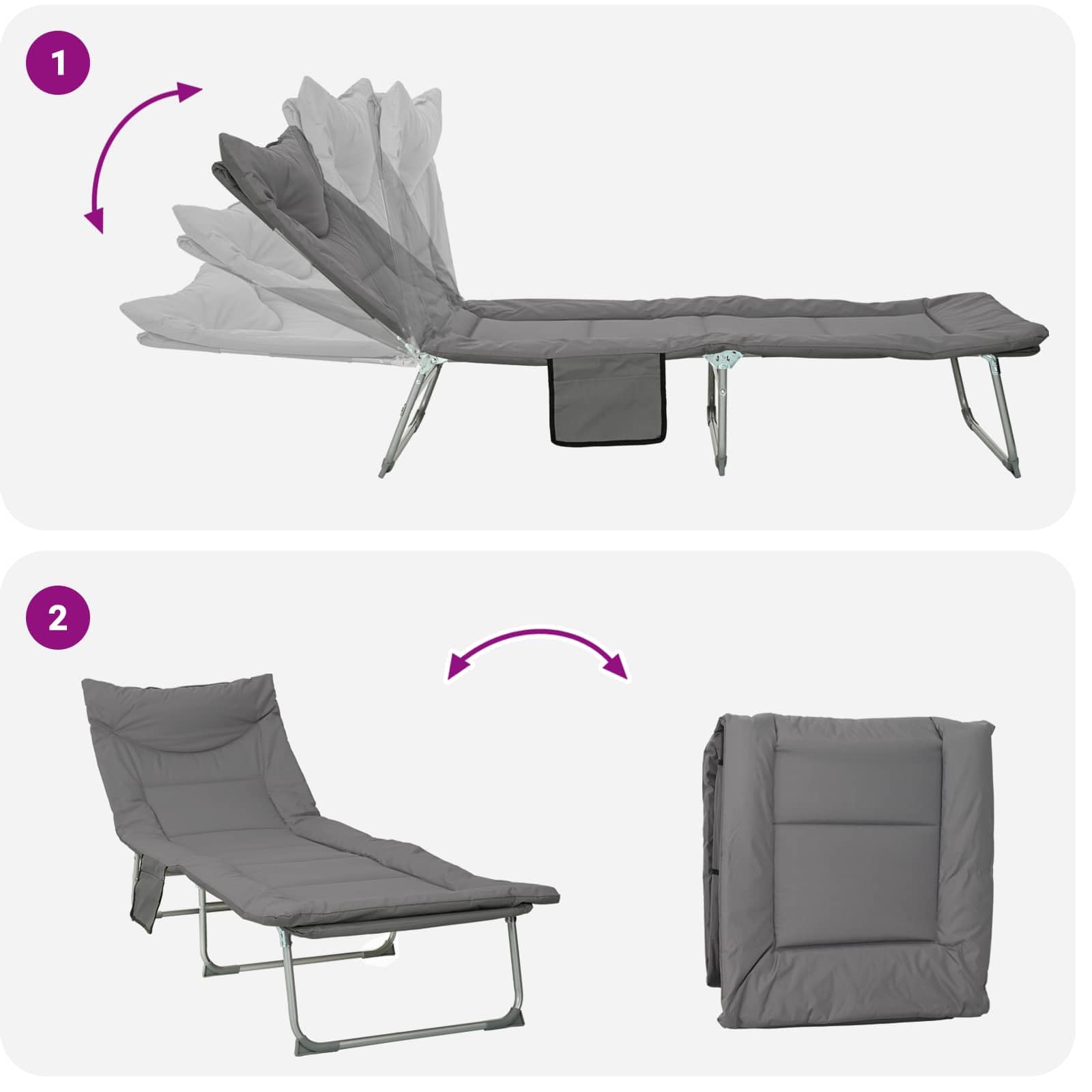 Genérico - Hamaca plegable de acero resistente con cojín (2 unidades), color gris | Poliéster Oxford, Respaldo de 5 posiciones, Bolsillo lateral, Pies antideslizantes, Plegable