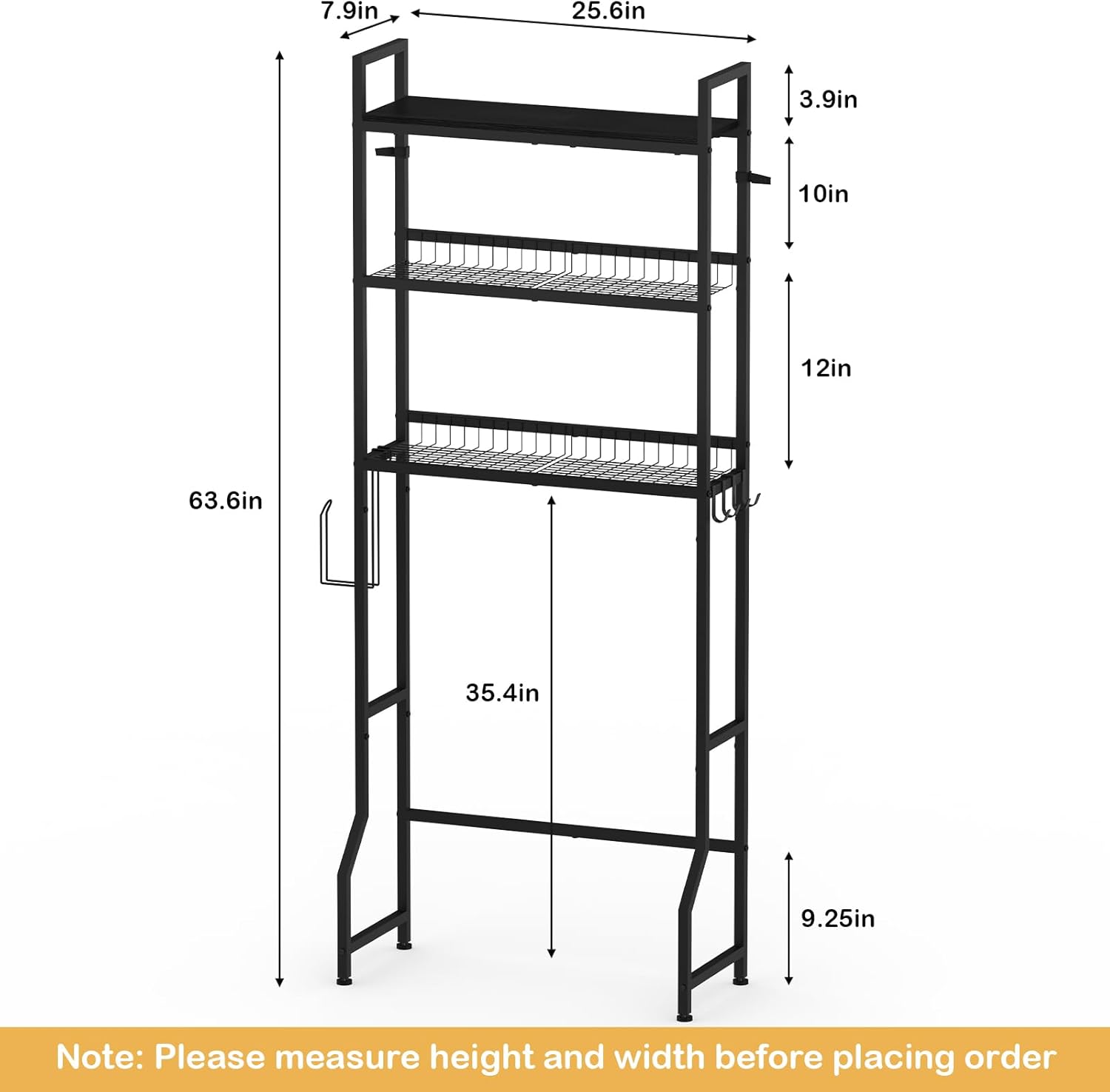 YBING Over The Toilet Rack 3 Tier Bathroom Shelf Over Toilet Storage Organizer Freestanding Above Toilet Storage Rack with Metal Frame and Hook Bathroom Over Toilet Storage Stand Black
