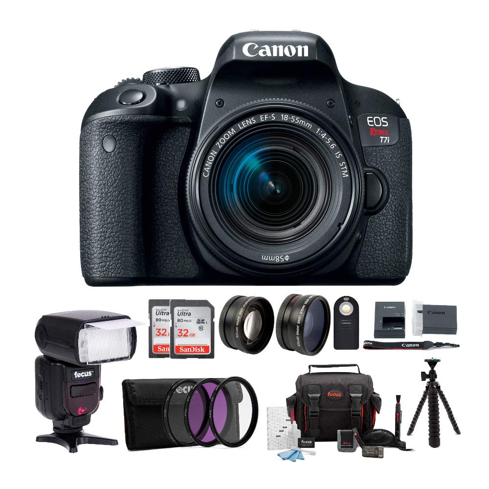 Canon EOS Rebel T7i Digital SLR and 18-55mm Lens with Bounce Swivel Zoom TTL Flash, 64GB SDHC Memory, 58mm Wide Angle & Telephoto Lenses, Wireless Remote Control, DSLR Bag and Accessory Bundle