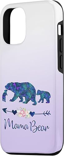 Miniatura 2 de Funda para iPhone 15 Pro, diseño floral de mamá oso y dos cachorros color verde azulado y morado
